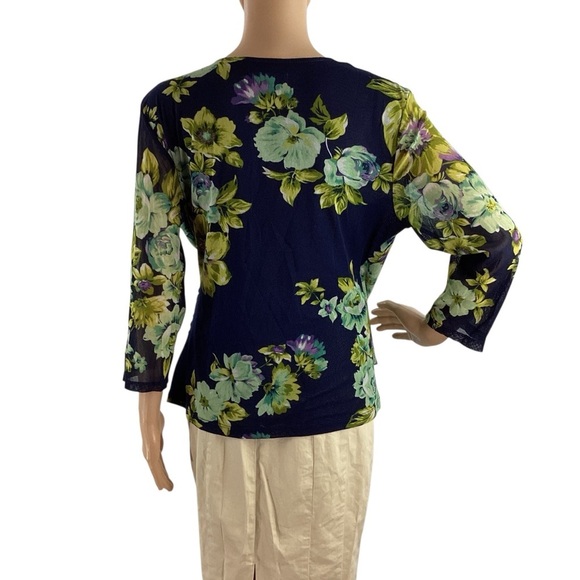 Coldwater Creek Navy Floral Faux Wrap Blouse 3/4 Sleeve Size M - Picture 5 of 7